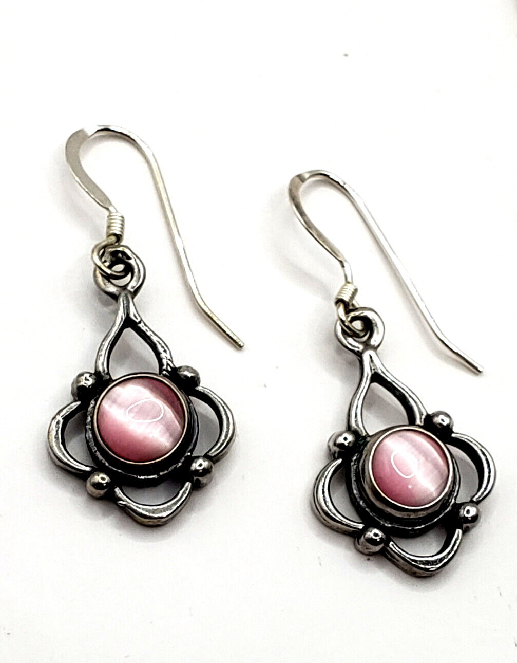 3 Pc Set Pink Cat Eye Necklace + Dangle + Stud Earrings Set 925 Sterling Silver