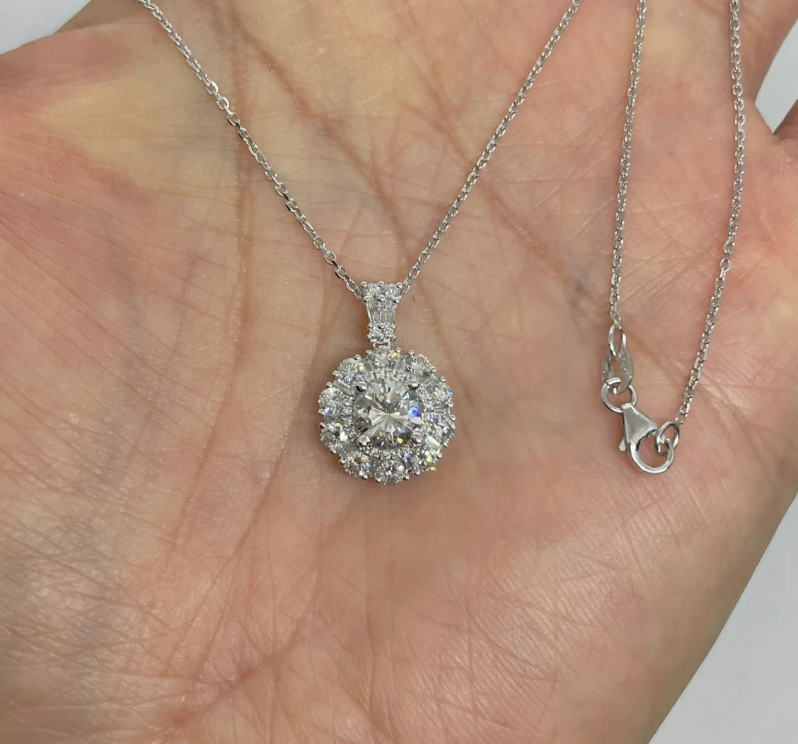 3Ct Round Cut Lab Created Diamond Halo Necklace Pendant 14K White Gold Plated