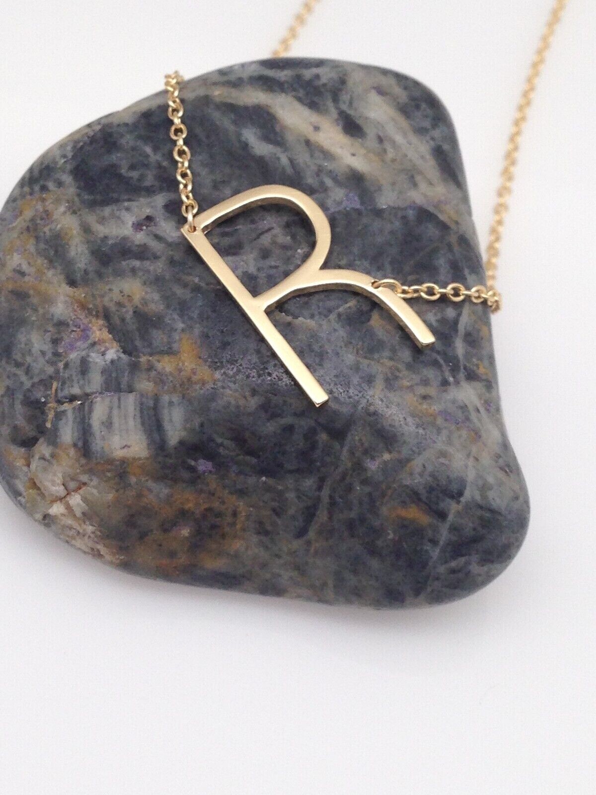 925 Sterling Silver Sideways Initial Letter R Pendant Necklace Gold Women 16mm