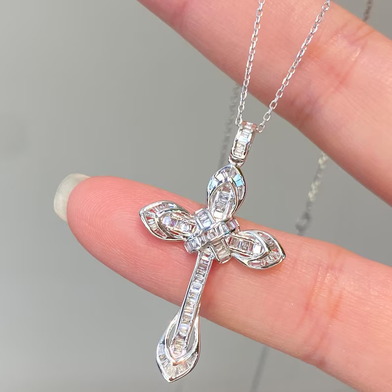 3.00 Ctw Baguette Cut Moissanite Cross Pendant Necklace 14K White Gold Plated