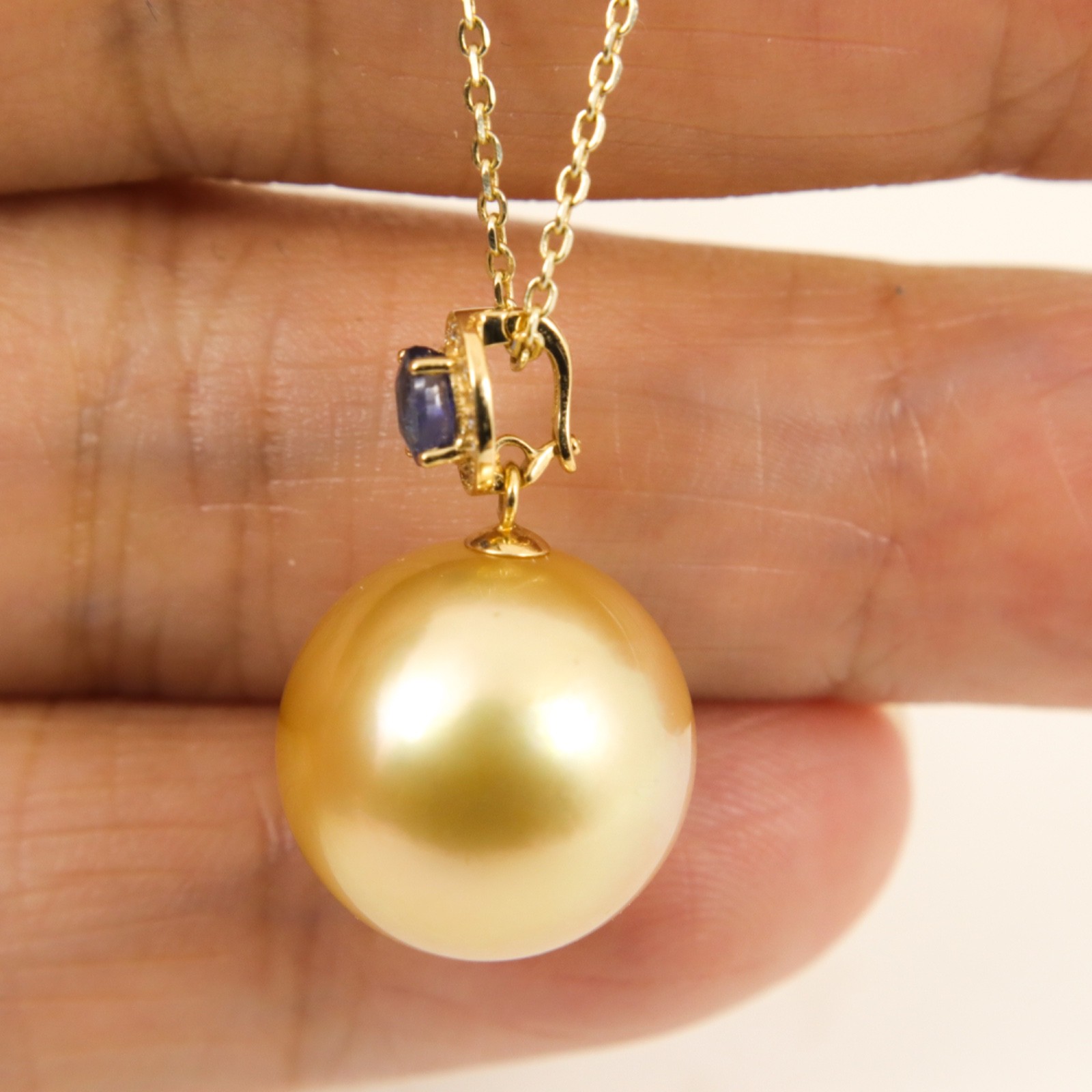 Massive 14mm Natural Golden South Sea Pearl Pendant w. Diamonds & Sapphire #113P