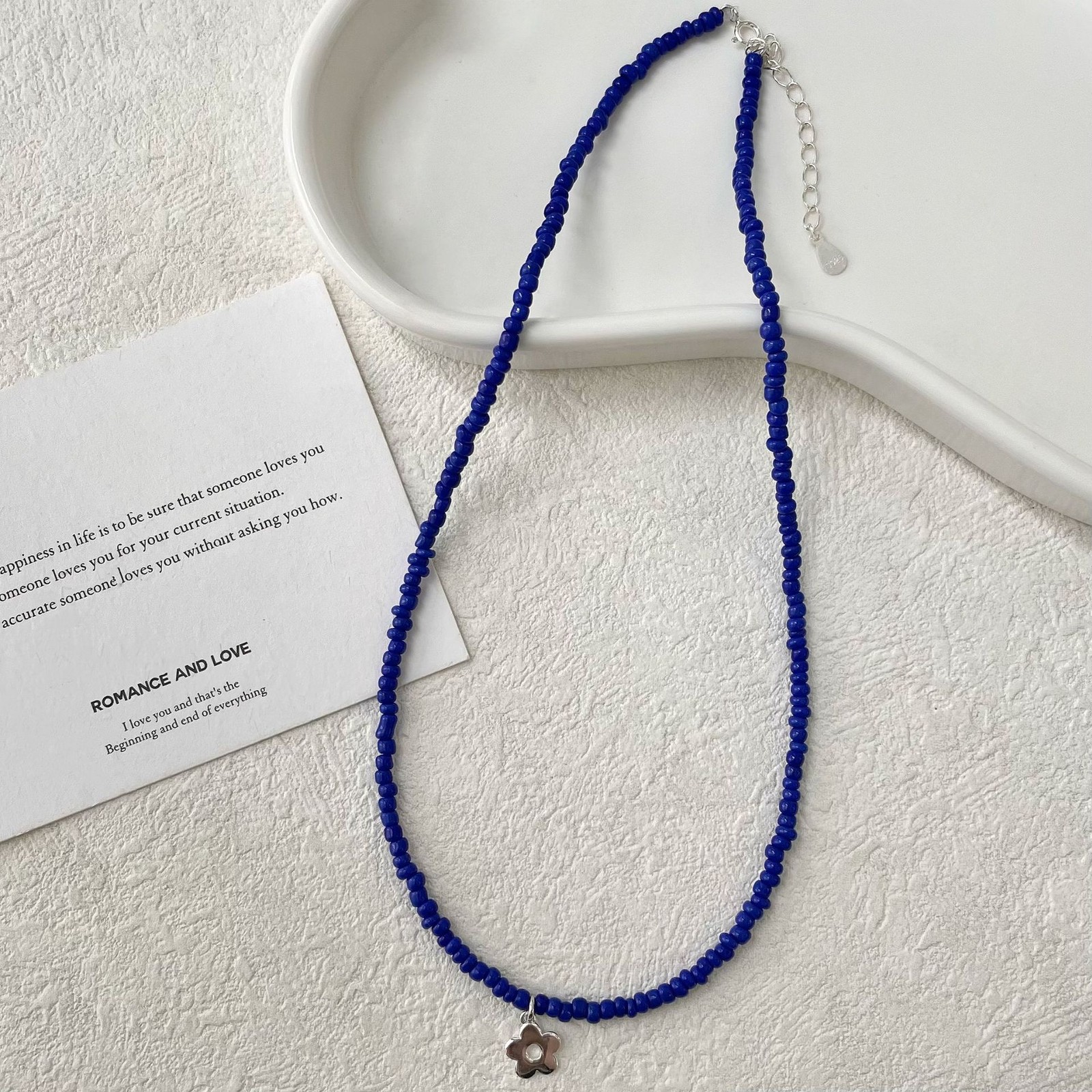 Klein Blue Beaded Choker Necklace S925 Silver Flower Charm Dainty Y2K Jewelry