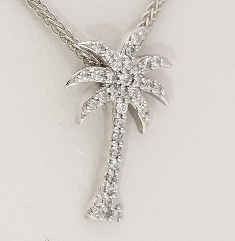 Natural Diamond Tiny Palm Tree Pendant Necklace .18CT 14K White Gold 16” Chain