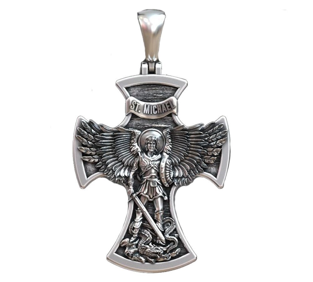 21g Big Cross Saint Michael the Archangel with Prayer Pendant 925 Sterling Silve