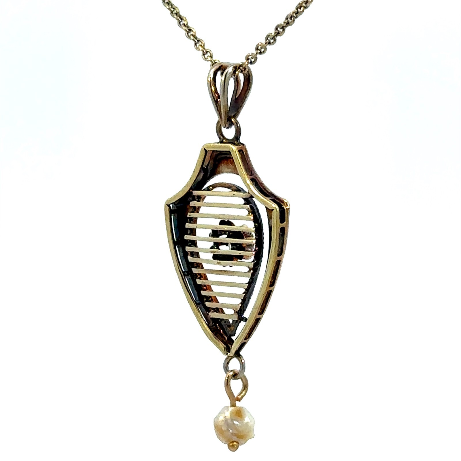 Vintage 14K Yellow Gold Diamond and Pearl Shield-Like Pendant Necklace 16″