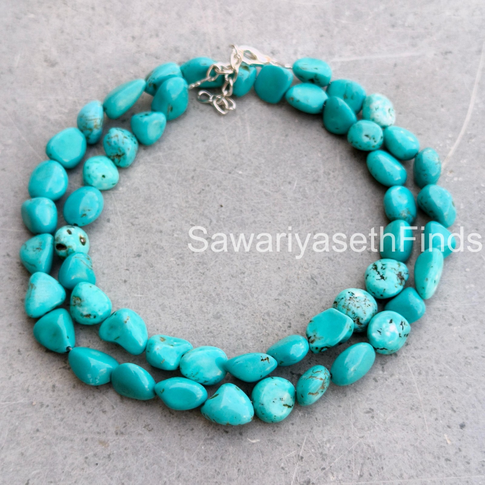 Natural Turquoise Nugget Beads Necklace, Boho Sterling Silver Clasp, December