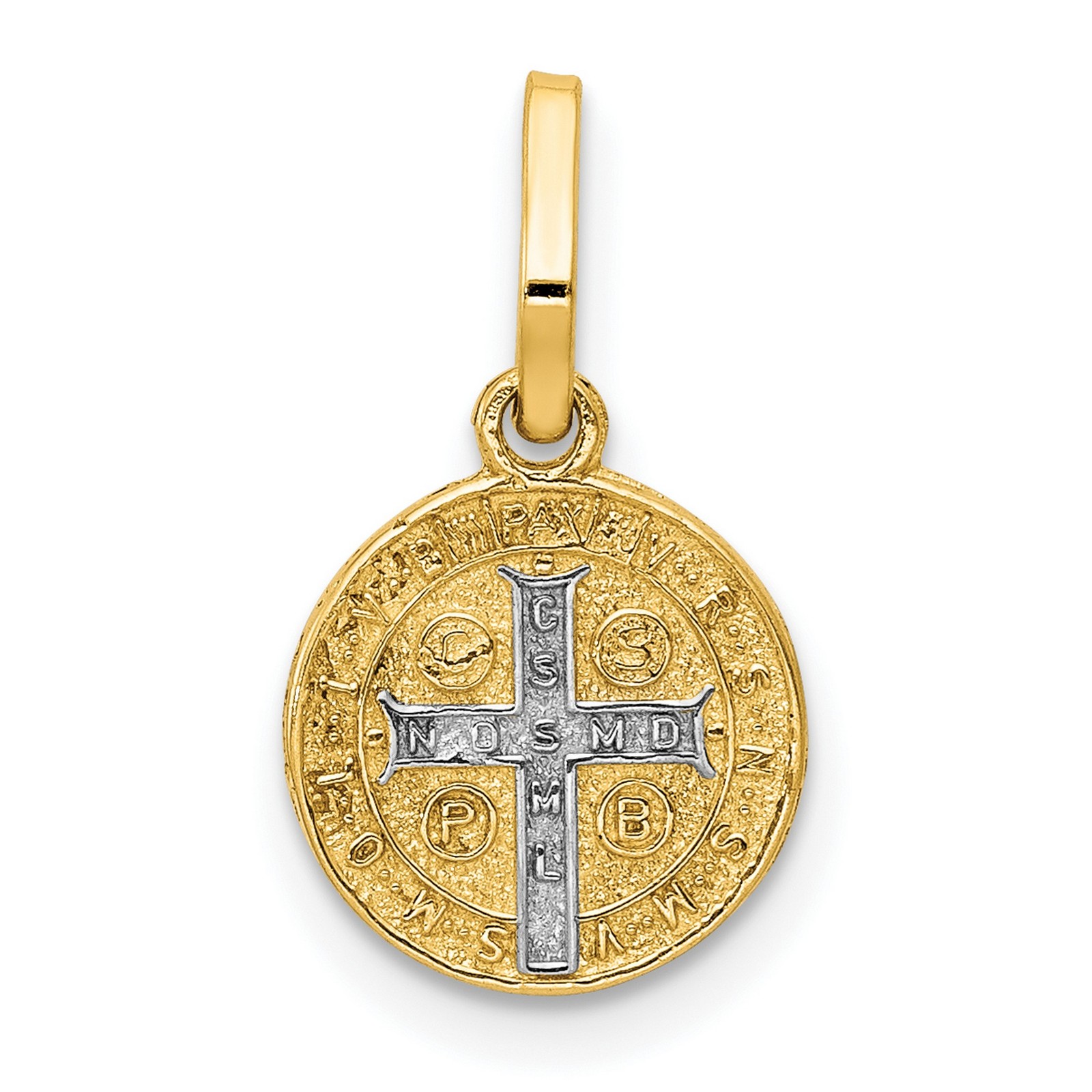Saint Benedict and Words on Miniature Medal Pendant in Real 14k Two-Tone Gold