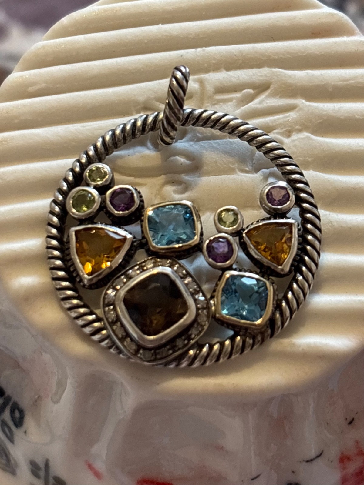 925 and 14k Gold Multi Gemstone Pendant with Cable accents, for Necklace