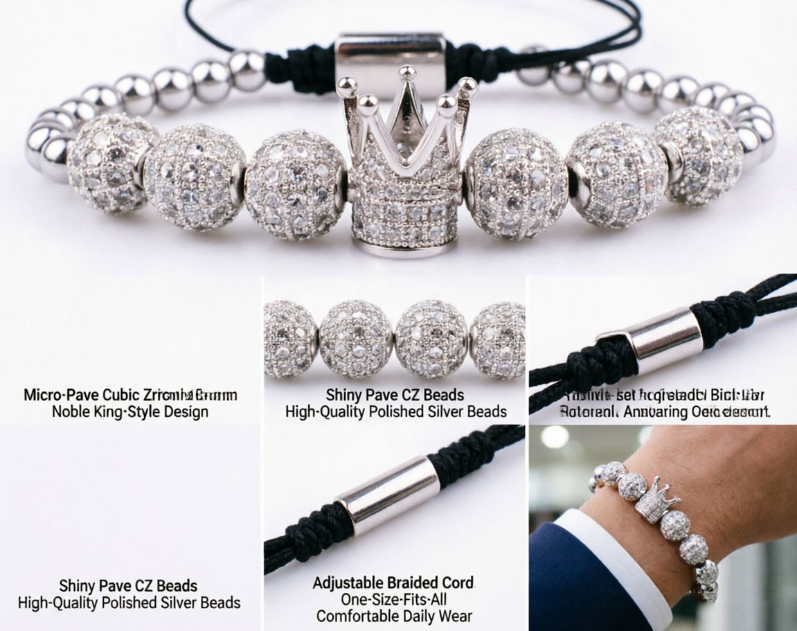 Silver Adjustable Beaded Bracelet Luxury Imperial Crown Men Fashion Jewelry Gift