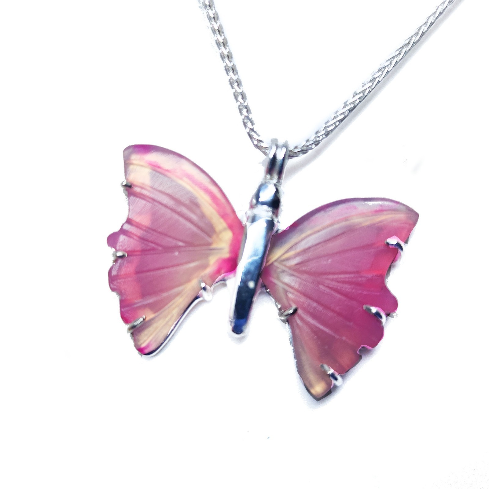 Sterling Silver Butterfly Pink Agate Pendant 18″ Necklace Sweet 16 Jewelry Gift