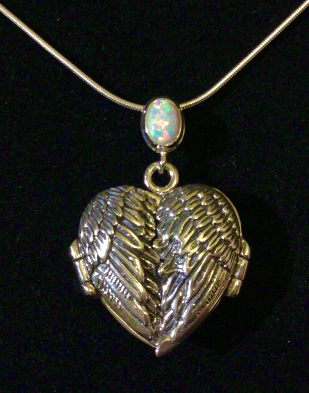 Sterling Silver Fire Opal guardian angel wings Love Heart photo Prayer locket