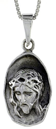 925 Sterling Silver Detailed Head of Jesus Christ Pendant 1 3/8 (35mm) Inch Tall