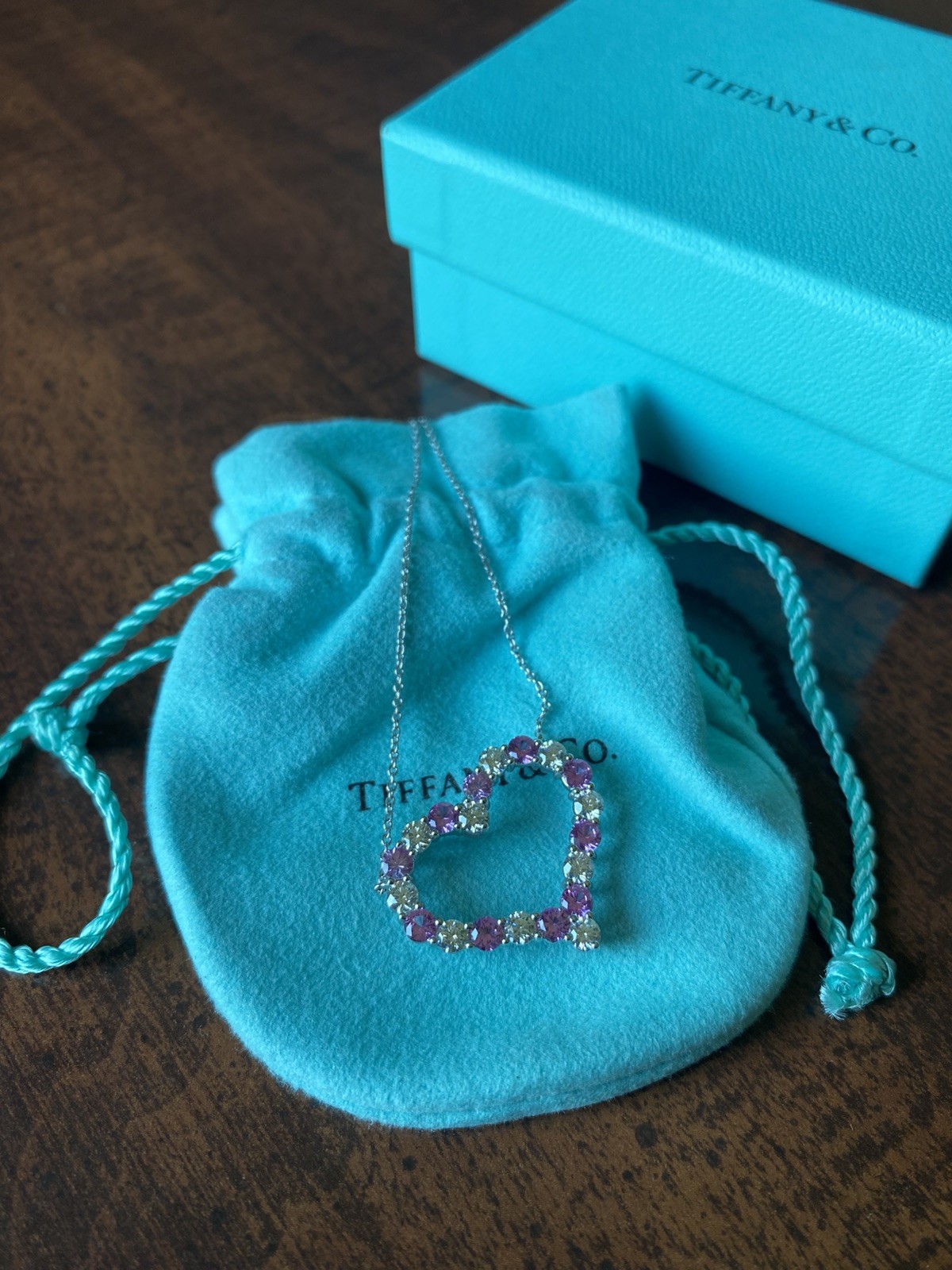 Tiffany & Co. – Platinum Diamond + Pink Sapphire Heart Pendant Necklace – Large