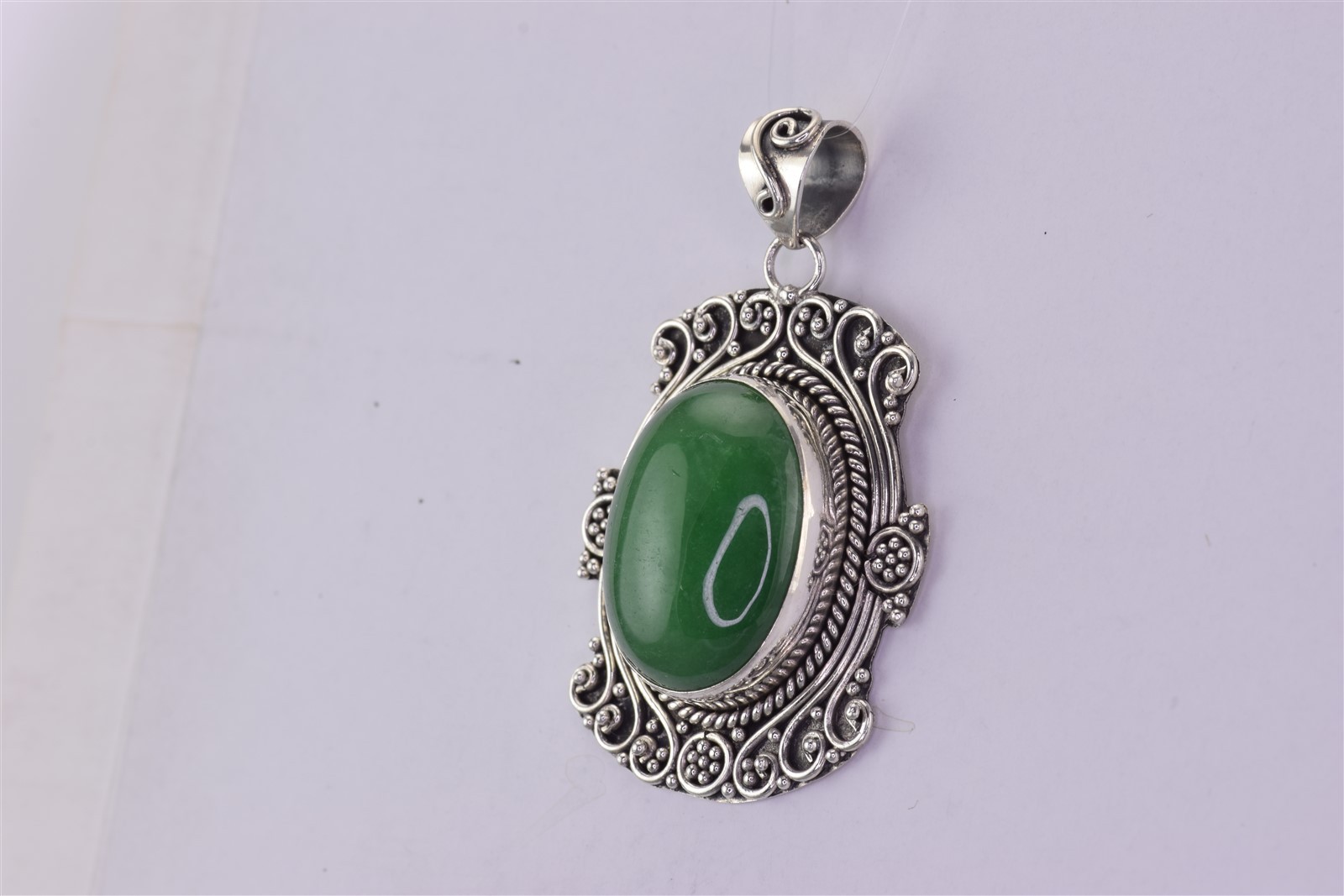 Sterling Silver 36mm x 26mm Oval Green Jade Balinese 10g Statement Pendant