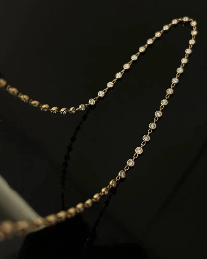 14k Yellow Gold Plated 7 Carat Diamond Minimalist Tennis Necklace Bezel Set