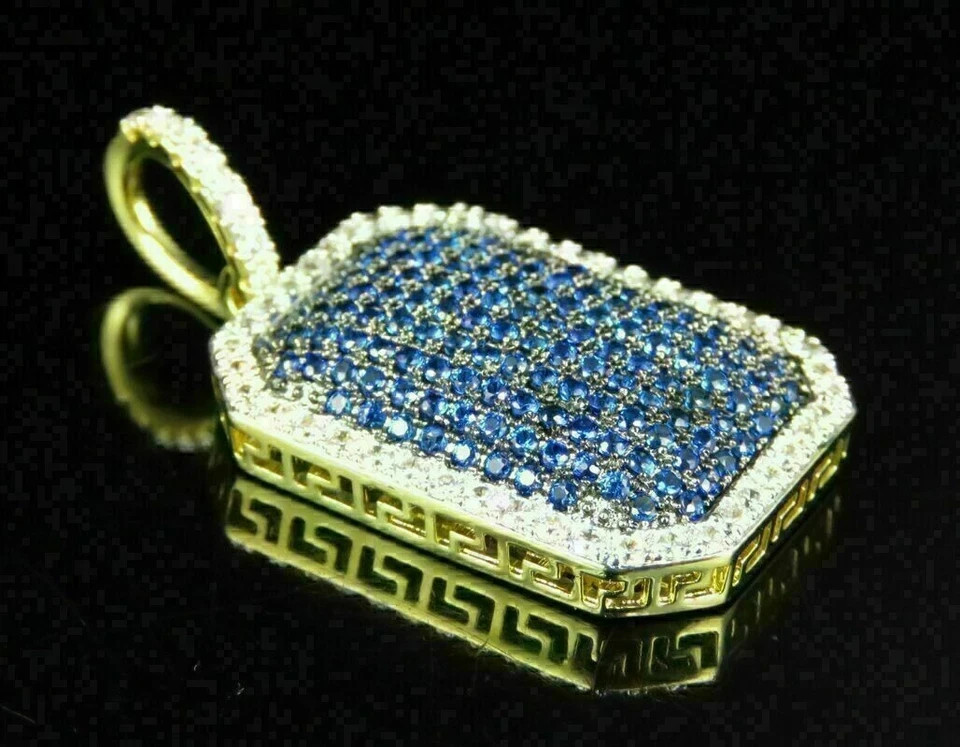 3Ct Round Blue Sapphire Diamond Pendant Necklace With Chain 14k Yellow Gold Fn
