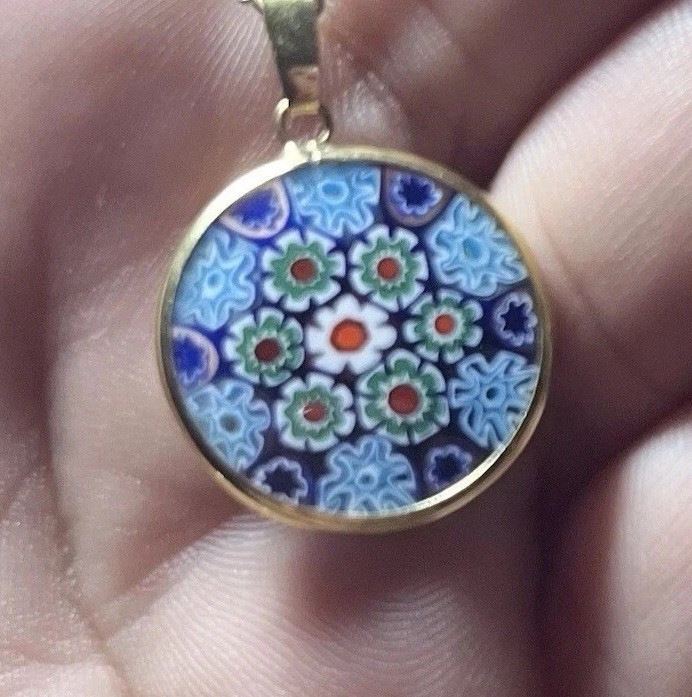 Vintage 18K 750 Bezel Italian Murano Millefiori Daisy Floral Pendant 2.10G 26mm