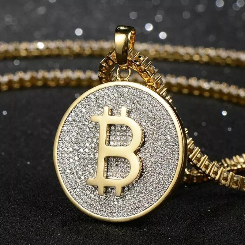 2 ct Round Cut Diamond Men’s Bit Coin Hip Hop Pendant 14k Yellow Gold Finish