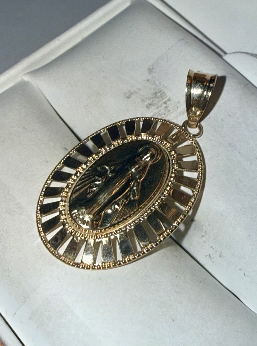 ESTATE Solid 10K Gold Virgin Mary Religious Oval Pendant