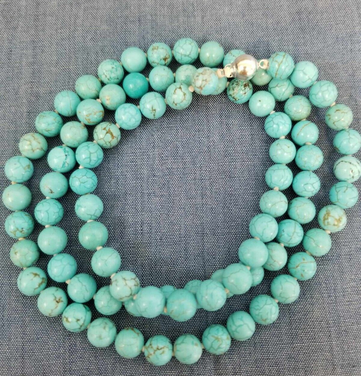 turquoise magnesite necklace, perfect round 9mm, 30″, 925 clasp
