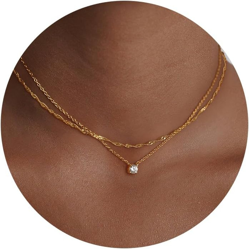 Dainty Gold Necklace for Women Non Tarnish Layered 14K Diamond Pendant Charm Gol