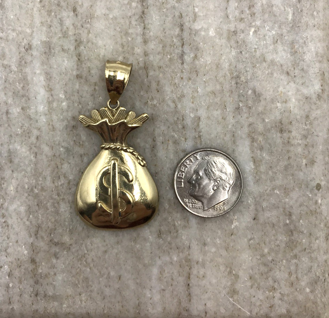Solid 10K Yellow Gold Money Bag Dollar Sign Pendant Charm Textured Polished 7.8g