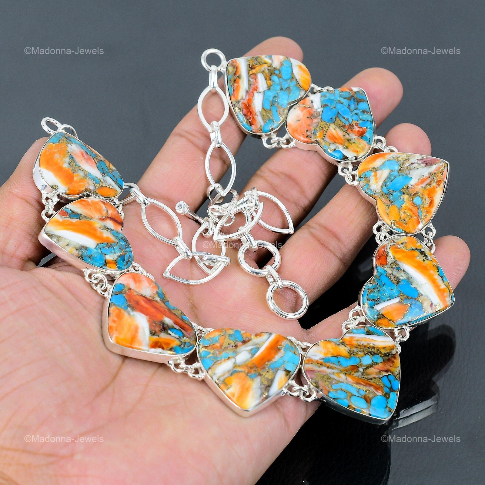 Spiny Oyster Copper Turquoise Gemstone Chain Elegant Necklace Jewelry 925 Silver