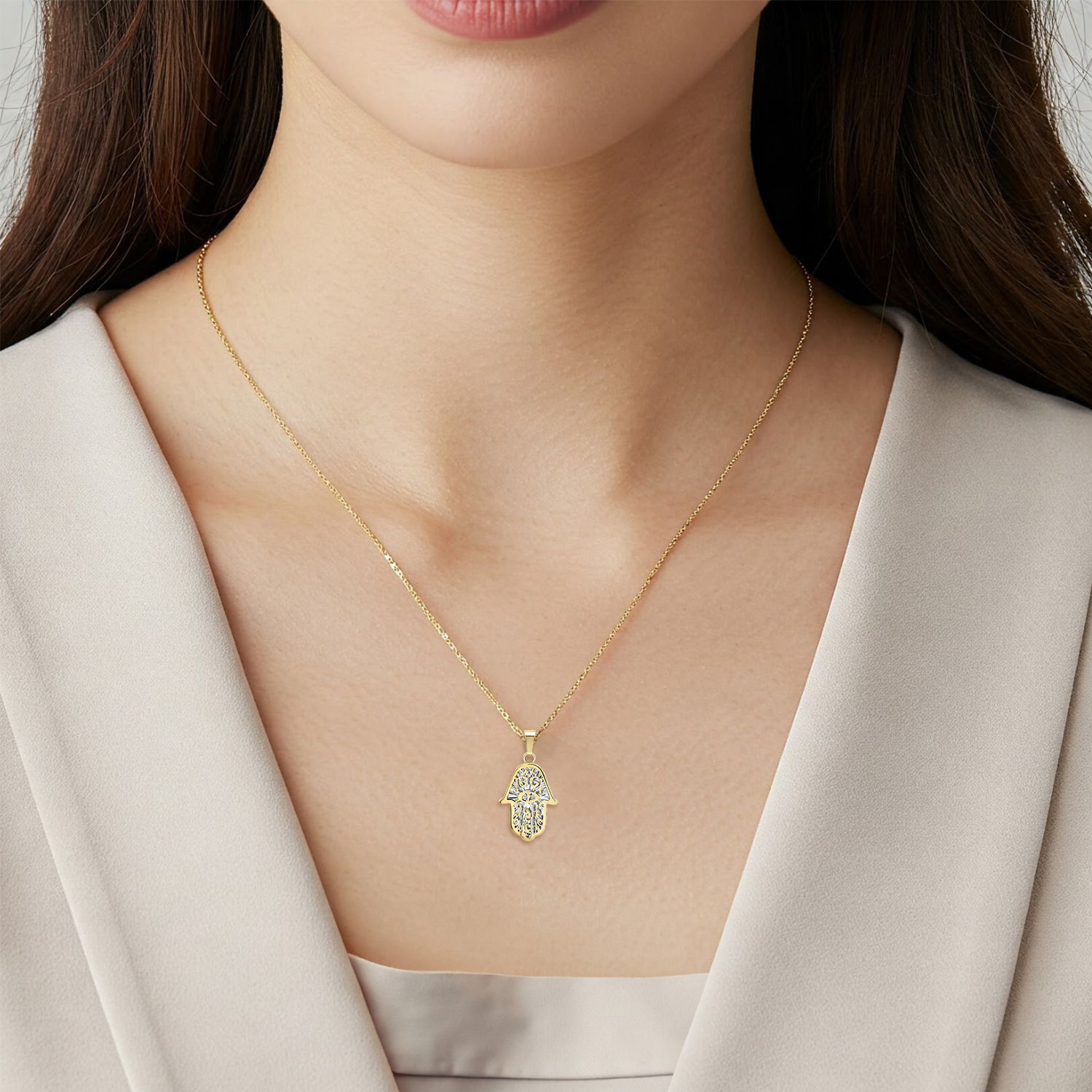14K Real Solid Two-Tone Gold Hamsa Hand of Fatima Pendant Charm Necklace 18 in