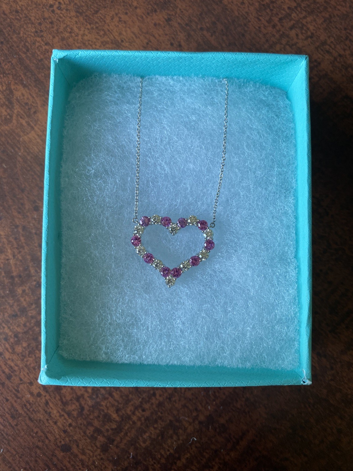 Tiffany & Co. – Platinum Diamond + Pink Sapphire Heart Pendant Necklace – Large