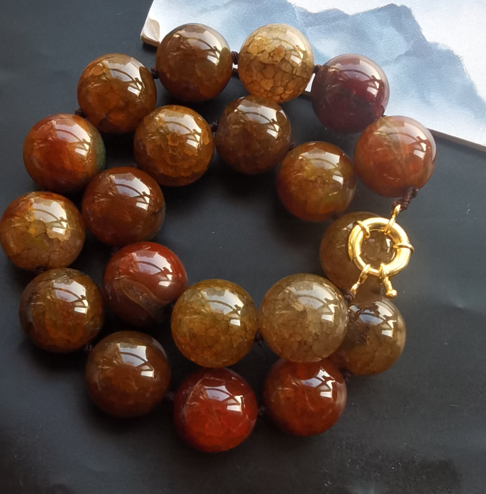 16mm/18mm/20mm Large Round, Brown dragon vein agate stone bead Necklace 16″-24″