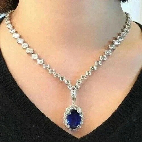 8Ct Oval Cut Blue Diamond Women’s Tennis Necklace 14K White Gold Plated
