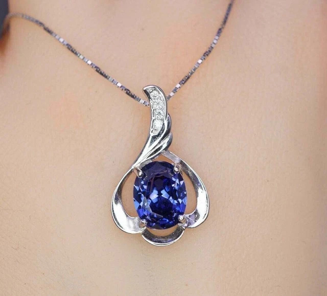 2Ct Oval Cut Blue Sapphire Diamond Solitaire Pendant 14K White Gold Plated Chain