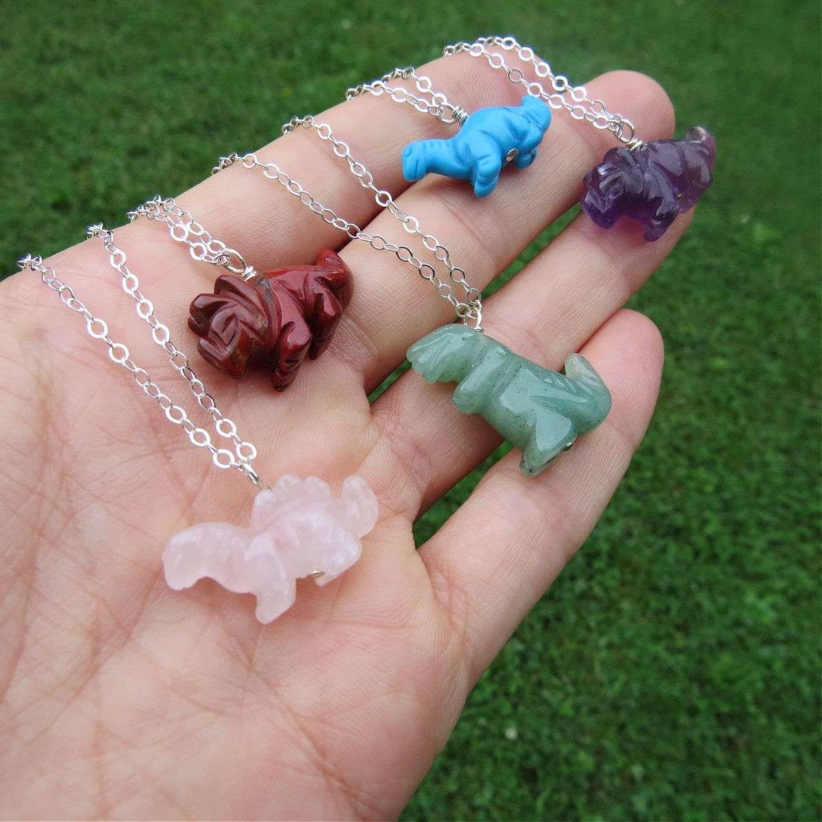 Crystal Dinoasura Necklace – Carved Stone Animal -T Rex Triceratops Stegosaurus
