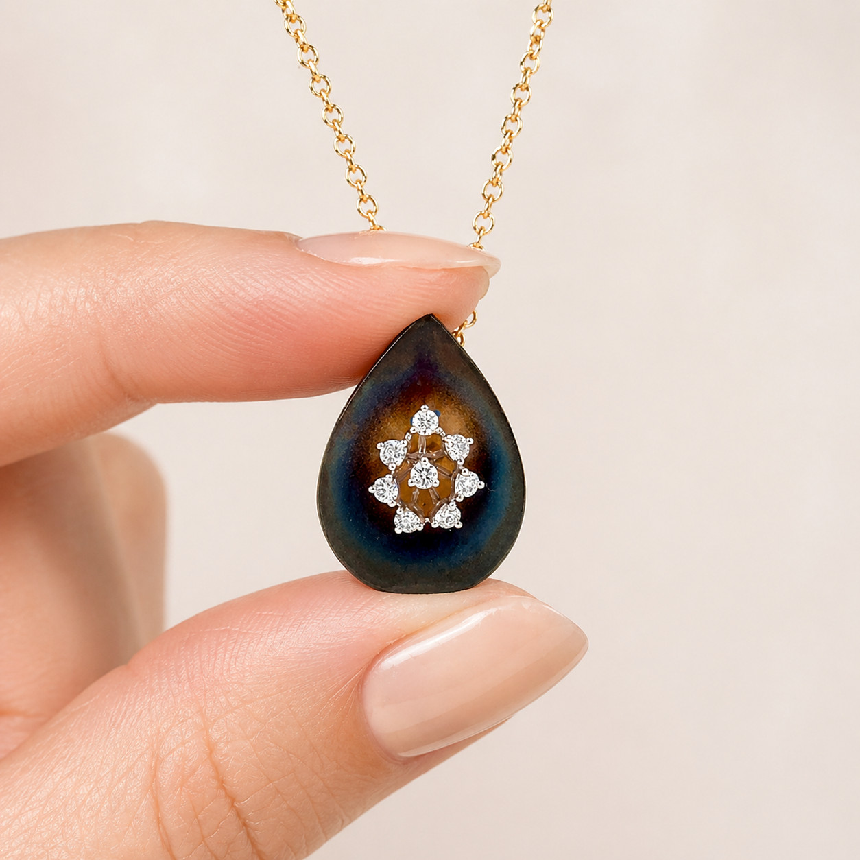 Natural Diamond Lotus Pendant Necklace 14K Yellow Gold, Floral Diamond Necklace