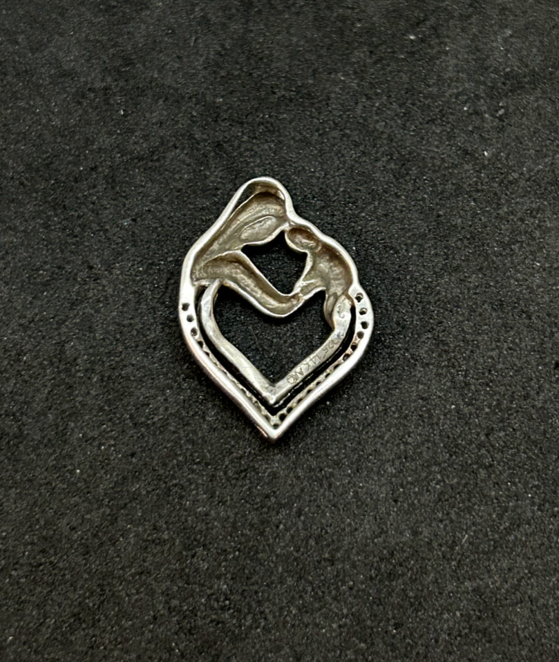 925 Sterling Silver 14k Gold Diamond Mother Child Heart Pendant 0.75in – 2.1g