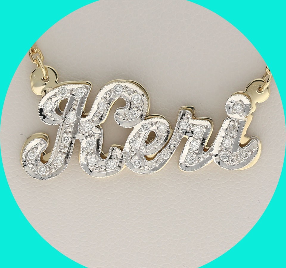 Natural Diamond ‘Keri’ Shadow Nameplate Necklace .37CT Multi-tone Gold 16” Long