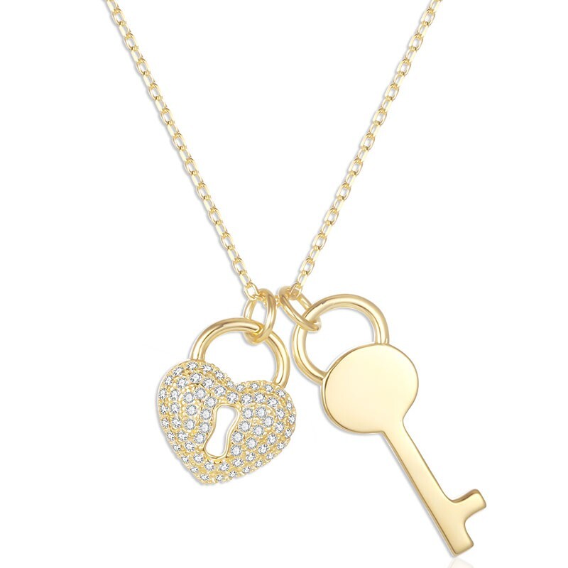 .33ct Moissanite Heart Lock & Key Necklace 925 Silver 14k Gold Pave Set New Gift