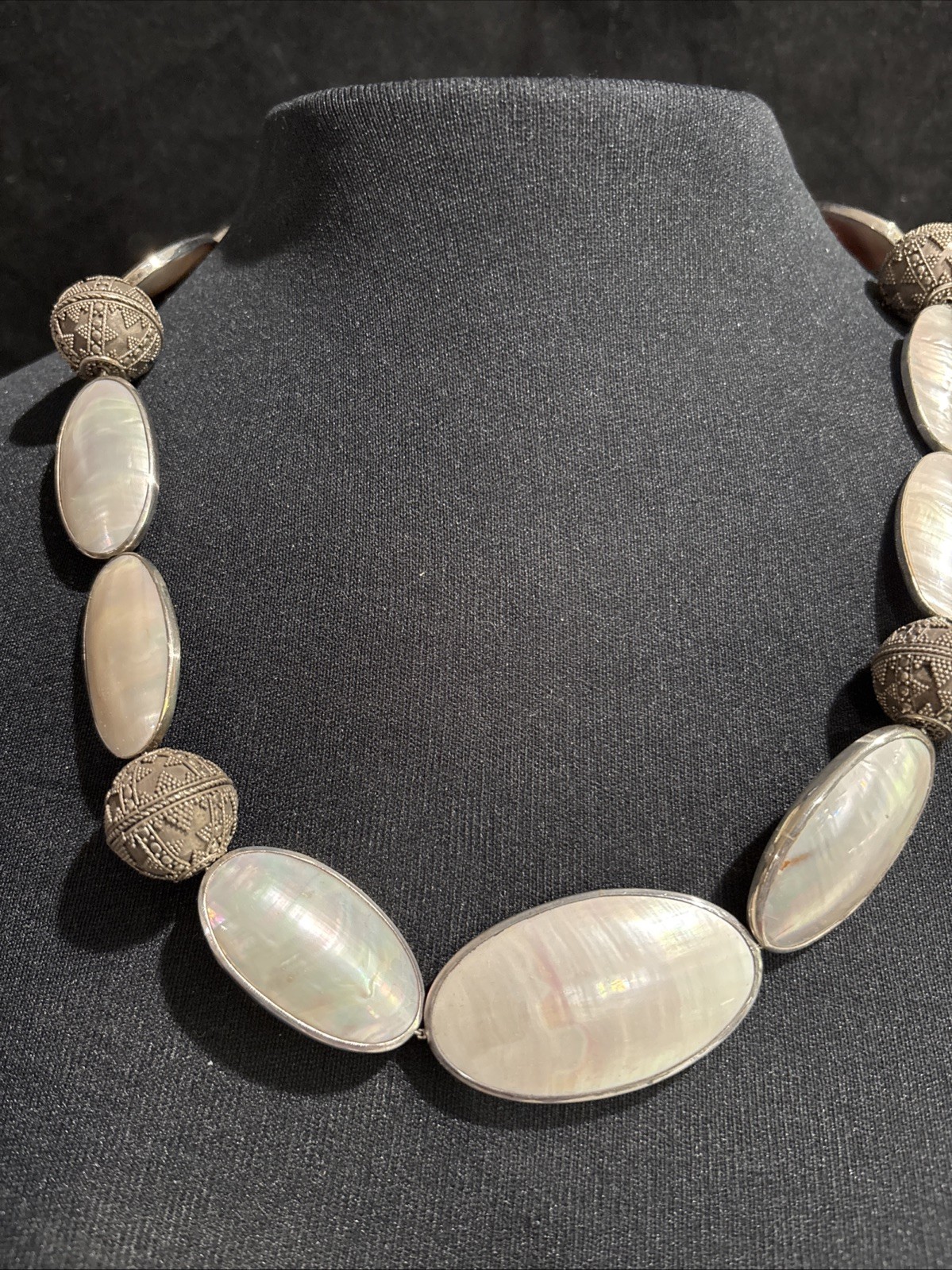 Rare Nautilus Osmena Pearl Antique 925 Silver Necklace 70cm WhiteGray Iridescent