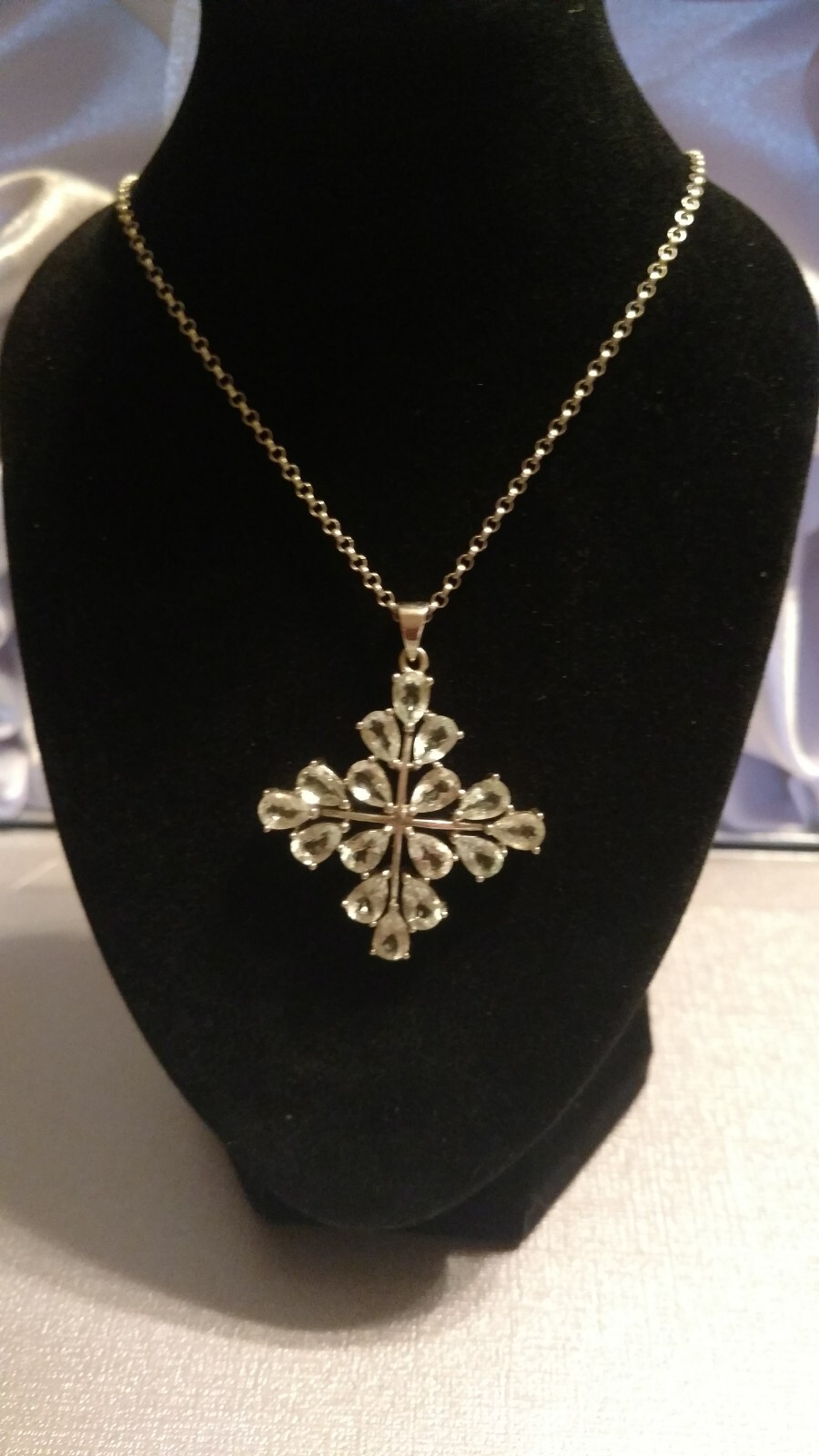 Aquamarine Cross Pendant w/chain, Chuck Clemency Designer, March Birthstone