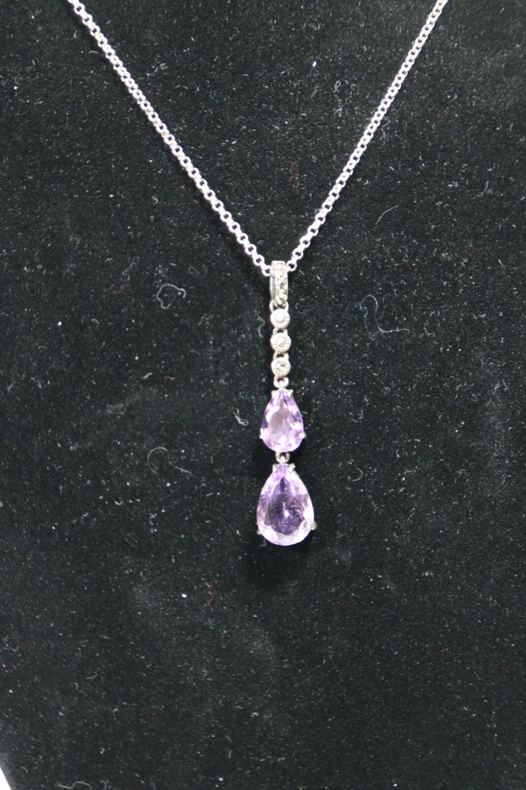 Two Pear Shaped Amethysts and Marcasite Sterling Silver Pendant Necklace 5 Grams