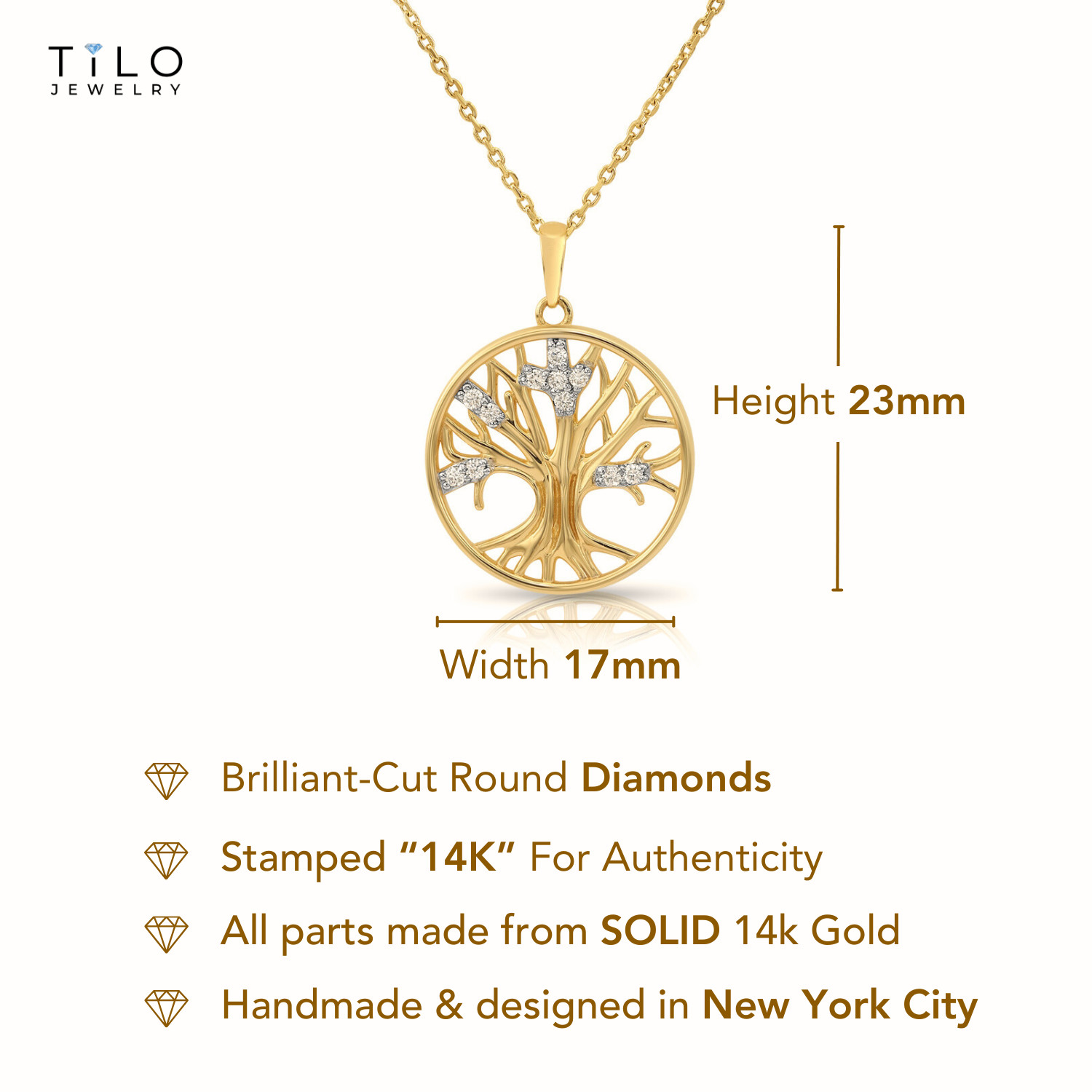 14K Solid Yellow Gold .10Ct Diamond Tree of Life Pendant Charm Necklace 18 in