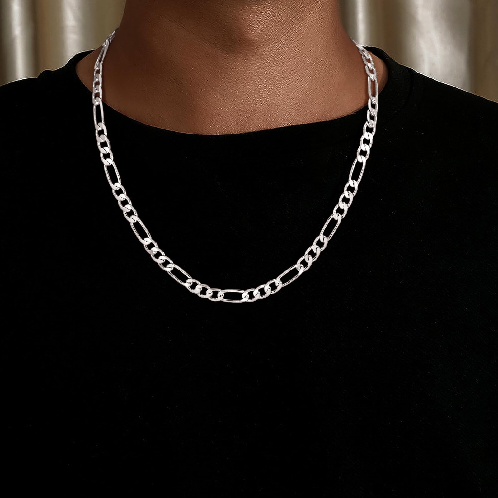 Silver Figaro Chain Necklace for Men & Women, 925 Sterling Silver, Diamond Cut,