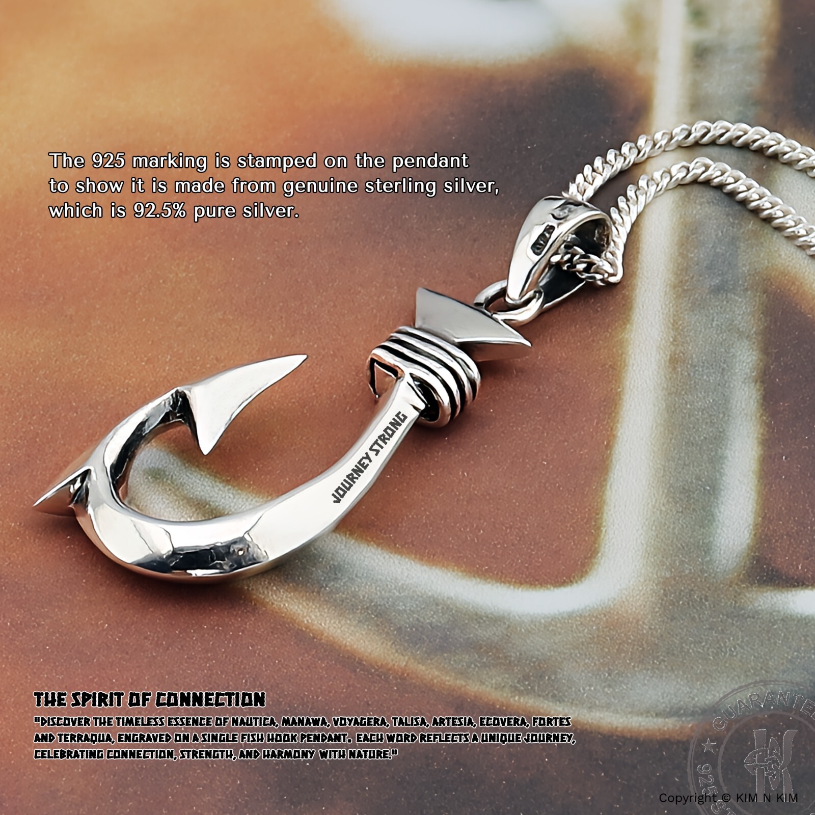 925 Sterling Silver Sacred Fish Hook Pendant Necklace, Nautical Necklace, Custom