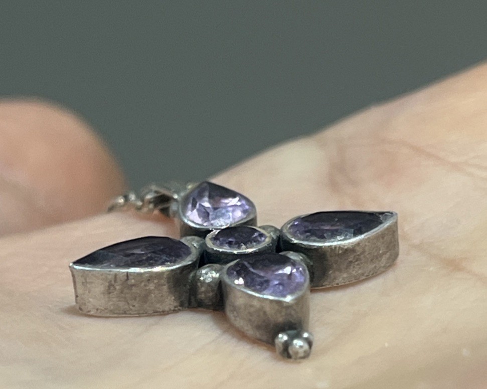 VINTAGE 925 Amethyst Pendant, Gothic Solid Sterling Silver Faceted Cross/Flower