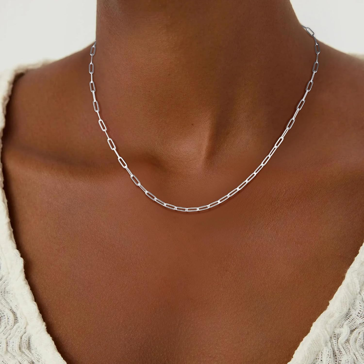 S925 Sterling Silver Paperclip Chain Necklace for Women – 3Mm Sterling Silver Pa
