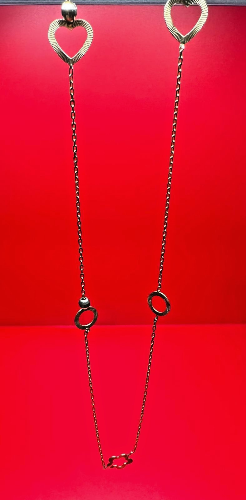 14K Oval Link Chain With Heart-Flower-Circle Charms