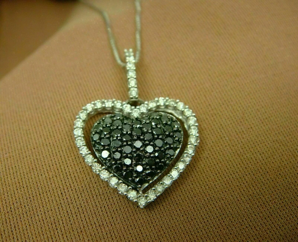 1.15 Ct Round & Black Cut Diamond Heart Pendant 14K White Gold Finish