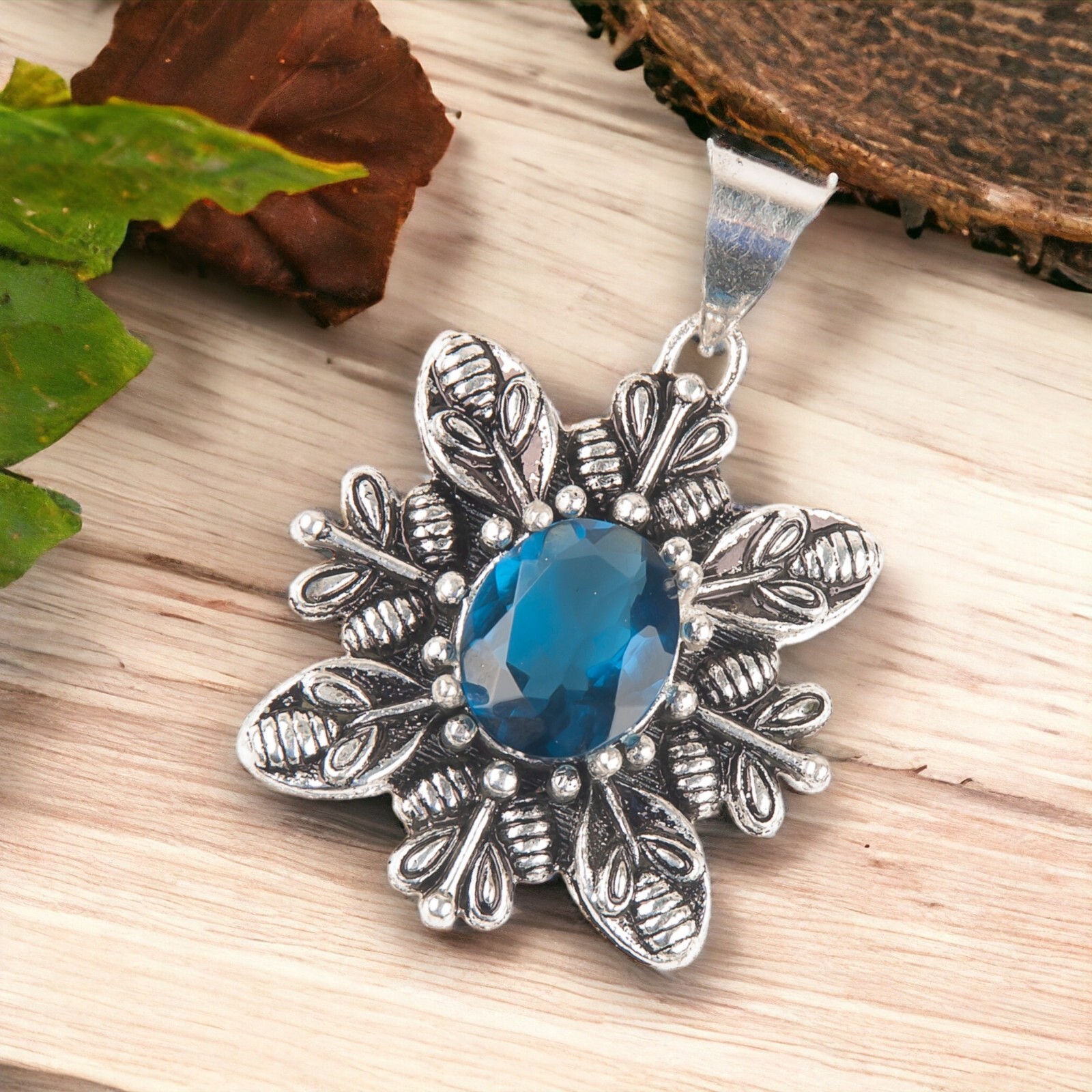 London Blue Topaz Gemstone Jewelry 925 Silver Handmade Pendant 1.59″ For Girls