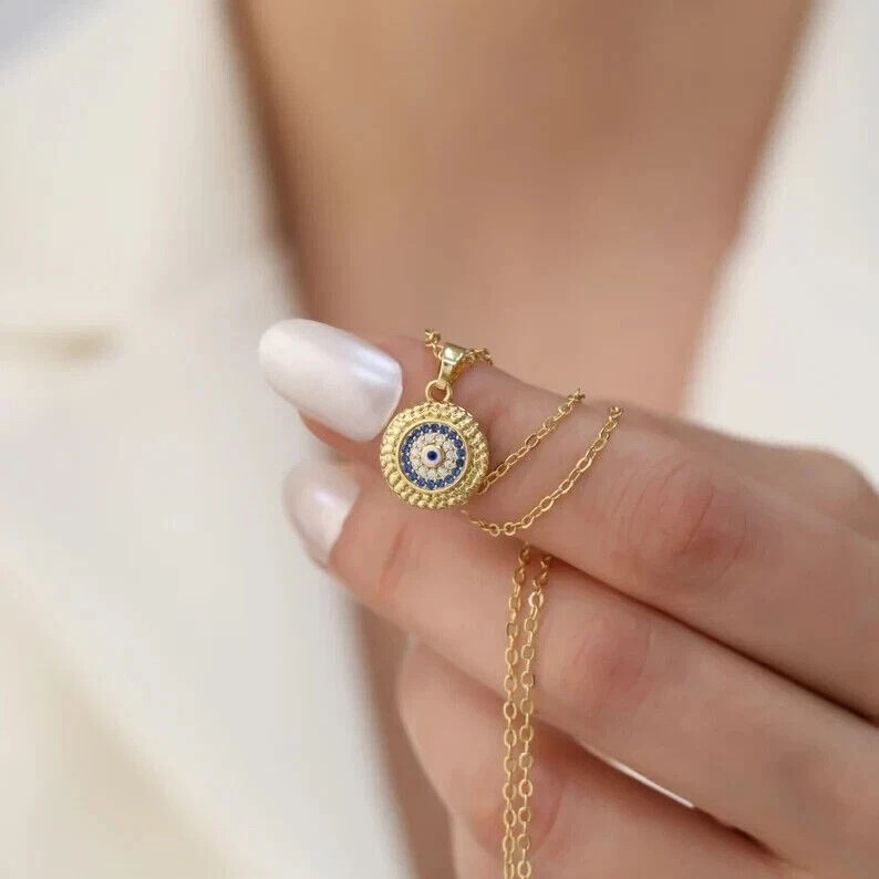 0.5Ct Lab Created Diamond & Sapphire 14k Yellow Gold Over Evil Eye Pendant Gift