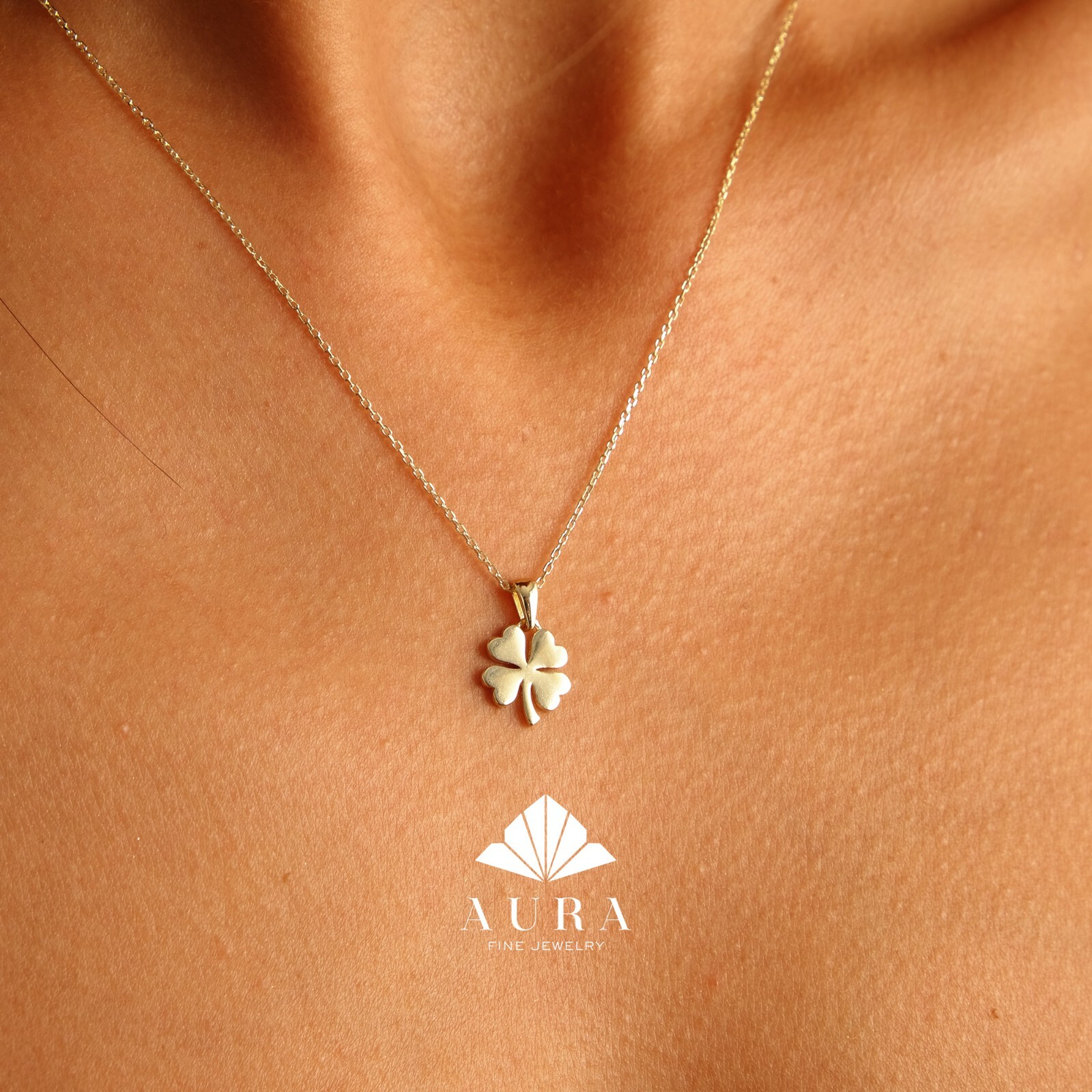 14K Gold Clover Necklace, Four Leaf Pendant, St Patricks Day Accessory, Bride
